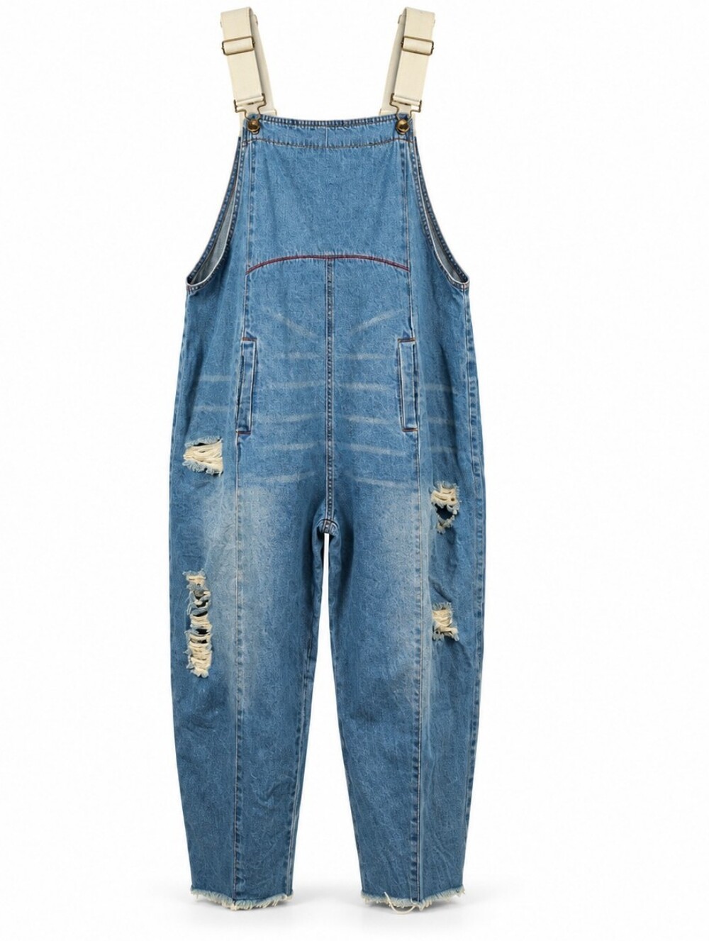 Distressed Denim Barrel Leg Overalls M Baggy Utility Cream Straps Utility Artsy